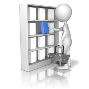 A comsumer stick figure picks a standout  product off a shelf. 