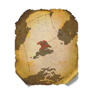 This clip art shows a map with a guided line leading to an X marks the spot where something is located.