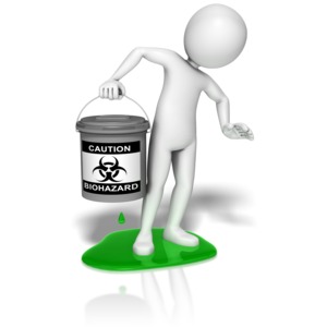 A stick figure notices he&#039;s standing in a puddle caused by a leak in a biohazard container. This clip-art can represent a workplace hazard.