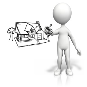 An image of a stick figure drawing a sketch of a house.