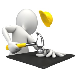 A 3D stick figure pounds its thumb with a hammer.