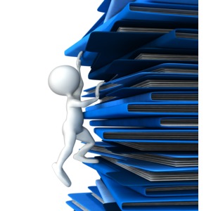 A stick figure is shown climbing a a giant stacks of folders.