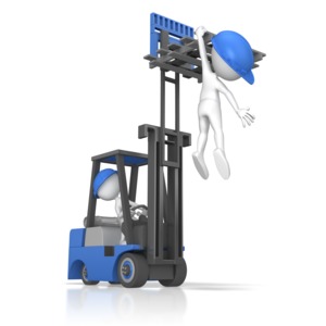 A stick figure hangs off a pallet raised by a forklift.