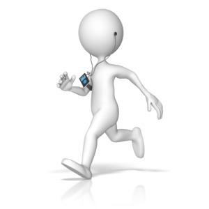 A stick figures listens to music on a media devices while running.