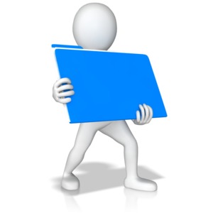 A stick figure is shown folding a big blue over sized folder