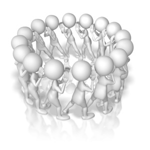 This clip art shows many stick figures in a circle with each on whispering something to the other.