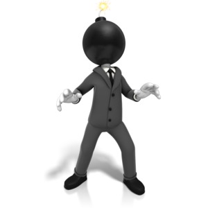 An image of a man in a business suit with an ignited bomb on his head.