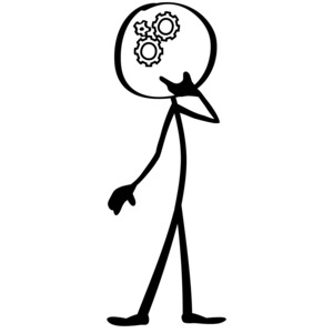 A simple line drawing of a stick figure thinking with gears in its head.