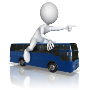 A stick figure sits on a bus while pointing forward