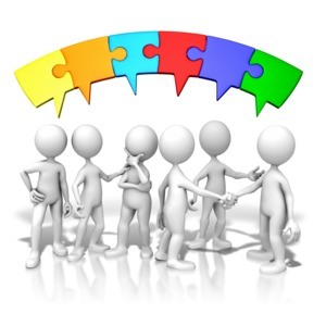 An image of a group of figures talking with puzzle pieces speech bubbles above.