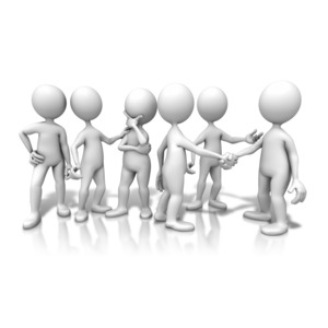 An image of a group of figures communicating.