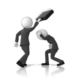 An image showing a stick figure about to hit another stick figure with a briefcase. 