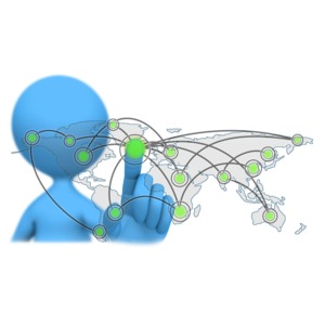 A stick figure presses on a map and from that point connecting lines branch out to various areas on a map.