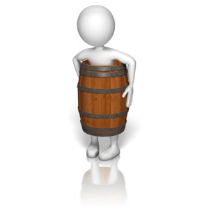 A stick figure wears nothing but a wooden barrel.