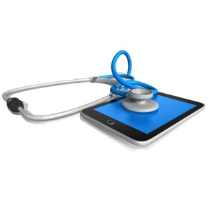A tablet is shown with a stethoscope on top of it 