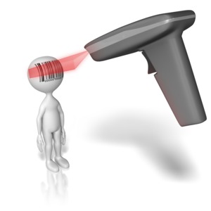 A scanner scans a barcode on a stick figures head.