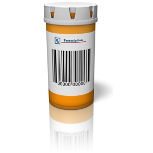 A prescription pill container with a barcode on the label. This clip-art can represent technology in the health industry.