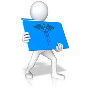 A stick figure is holding medical records.