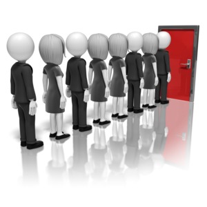 A line of business men and women queue up in front of a red door. This clip-art can represent people waiting for employment.