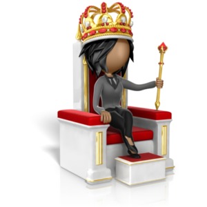 A queen stick figure in a dress sits on a throne.