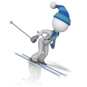 A stick figure tucks while zooming downhill on skis. 
