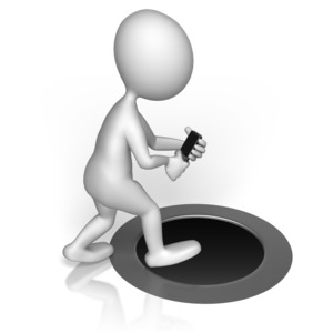 A stick figure is not paying attention while walking and texting and is about to fall into a hole.