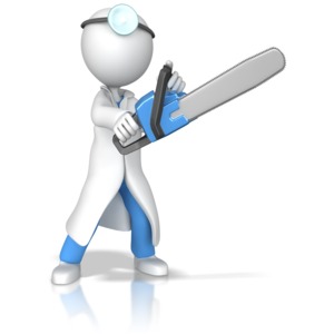 A doctor figure holding a chainsaw displays a concept of false perception some have of doctors being scary.