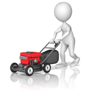 A stick figure pushes a lawnmower.