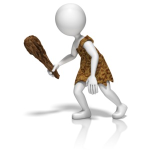 A slumping caveman wearing an animal hide walks carrying a wooden club.