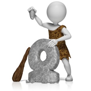 A caveman stick figure uses a stone tool to invent the wheel.  A concept of innovation and invention.