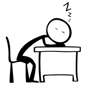 A simple line drawing of a stick figure sleeping at a desk.  A concept of laziness or not getting enough sleep or being inattentive. 