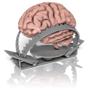 A brain is trapped in a metal snare. This clip-art can represent a mental trap.