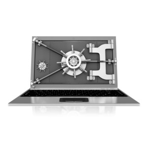 A laptop secured with a vault metal door.