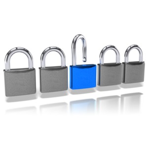 A row of locked padlocks except for a blue one that&#039;s unlocked. This clip-art can represent how a single item can unlock something important.