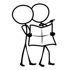 A pair of simply drawn stick figure look at a map or chart and plan together.