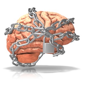 A brain wrapped up by chains and secured by a lock.