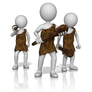 Three cavemen are shown with clubs getting ready to go hunting.