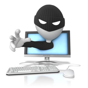 A thief emerges from a computer monitor.