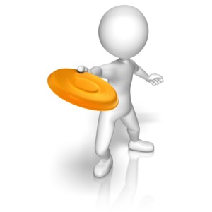 A stick figure prepares to throw an orange frisbee.