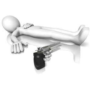 A stick figures lies on the ground next to a gun.