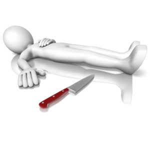 A stick figures lies on the ground next to a knife.