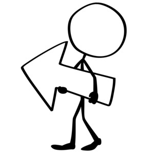 A simply drawn line stick figure holding an arrow pointing to the left.