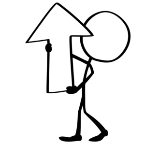 A simply drawn line stick figure lifting an arrow pointing up.