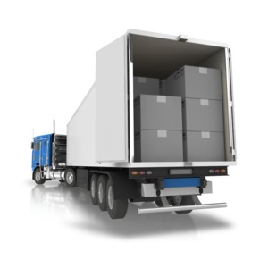 An image of the back end of a semi truck with boxes.