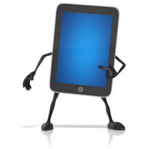 A tablet character points at its screen.