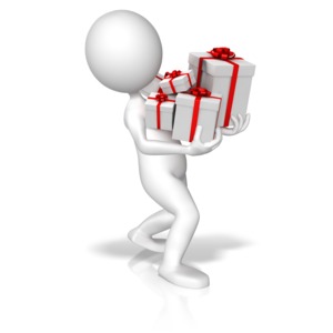 A figure carries a pile to arm fulls of gifts.