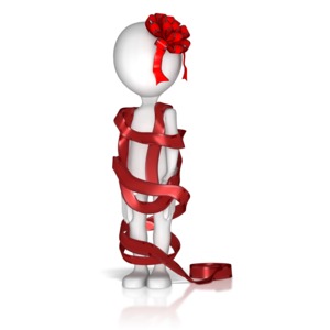 A figure is wrapped up in ribbon with a big bow stuck to its head.