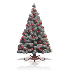 This clip art shows a flocked Christmas tree with colored bulbs hanging from its branches.