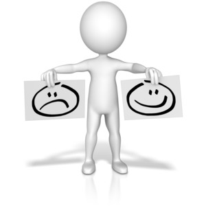 A stick figure holds two signs, one with a sad fave drawn on and one with a happy face.