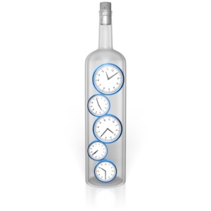 A clipart image shwoing multiple clocks in a bottle showing catching time in a bottle.